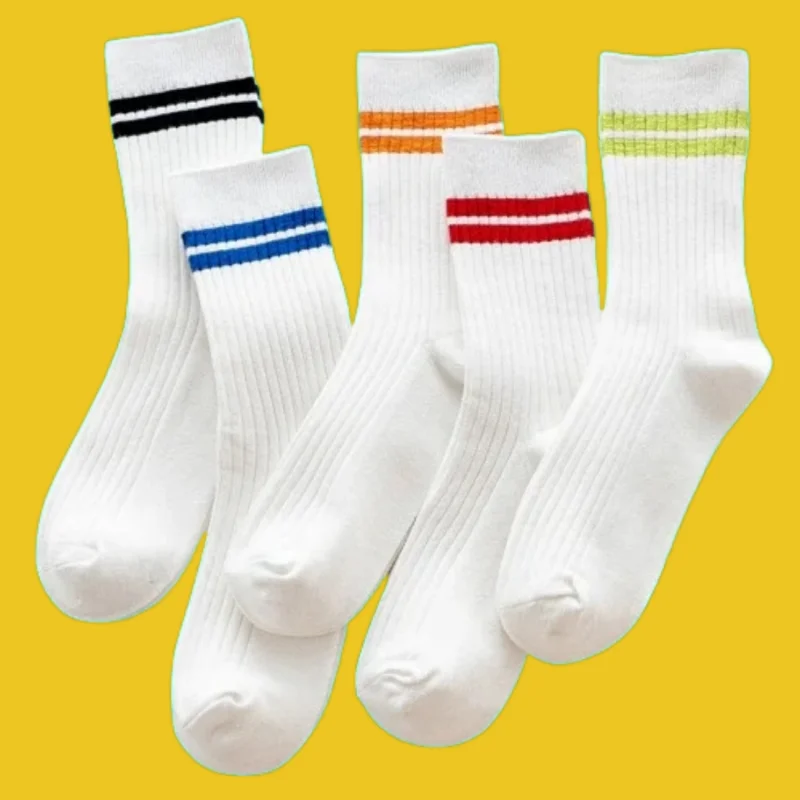 5/10 Pairs 2024 New High Quality Socks Double-needle Striped Mid-tube Socks With Cuffs And Two Bars White Neutral Couple Socks