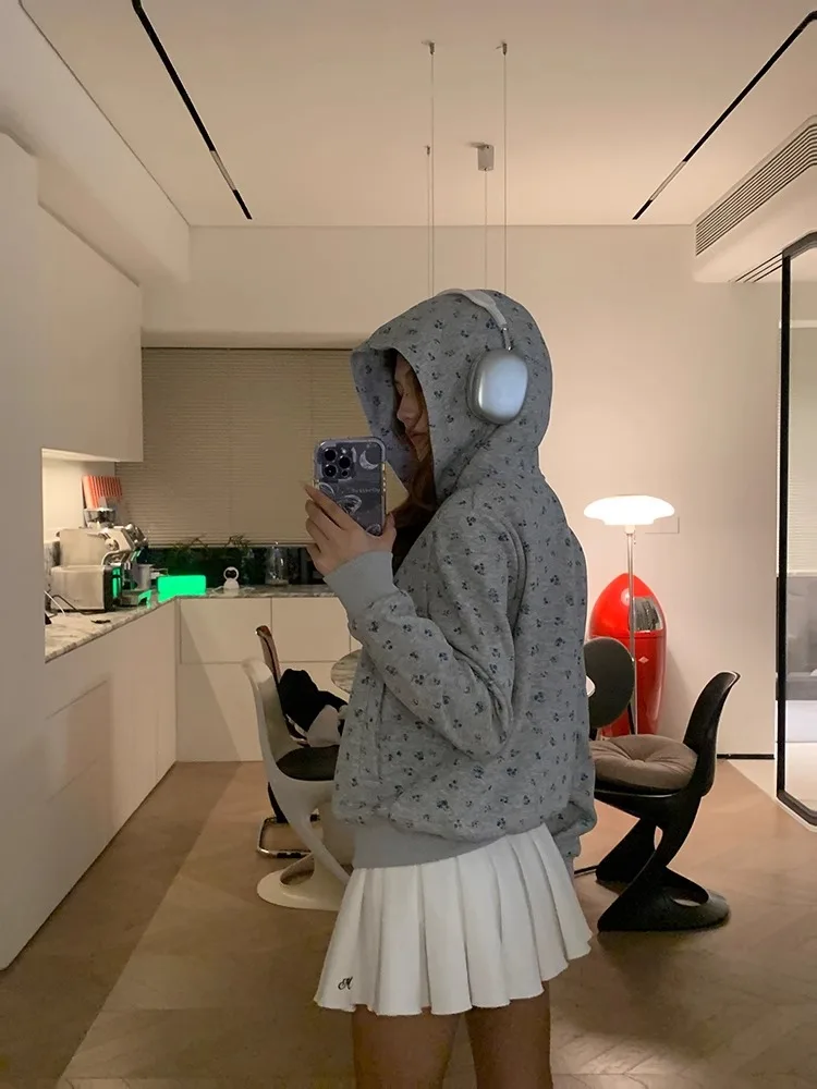 アメリカンレトロ花柄フード付きジャケット女性特大カレッジカーディガンスウェットシャツ秋冬ルーズカジュアル長袖トップ