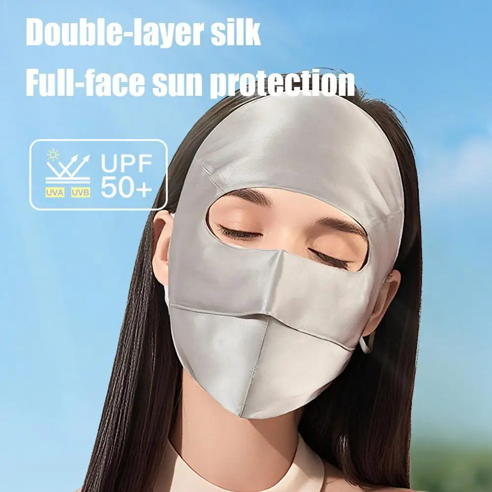 UV Protection Cover with Breathable Nose Hole Lightweight Double-Layer Silk Face Shield UPF 50+ Silk Sun Mask, Full Face