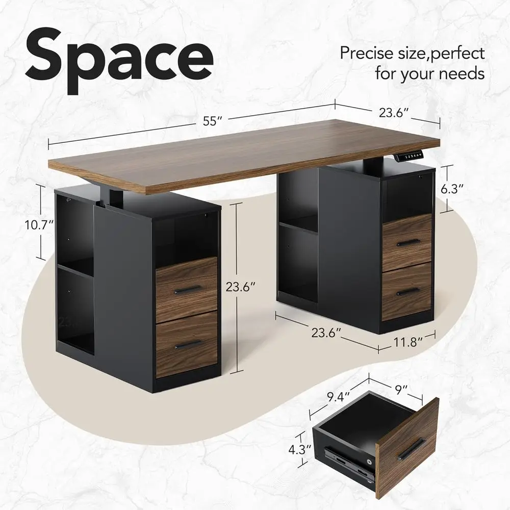 55 Inch Electric Standing Desk, Black Walnut | Height Adjustable Executive Stand Up Desk, 4 Memory Presets, 4 Desks, Open Shelvi