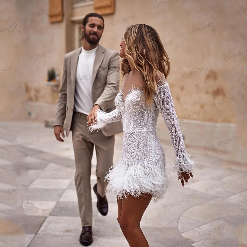 Customized Feature Crystal Wedding Dresses O-Neck Full Sleeve Straight Beaded Luxury Bride Gowns Illusion Back robe de mariée
