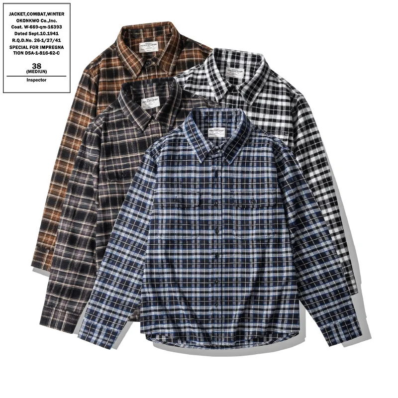 OKONKWO-Heavy Fabric Plaid Shirt for Couple American Coat Retro Long Sleeve Lapel Shirts Outdoor Hiking Trekking Jackets 300g TR