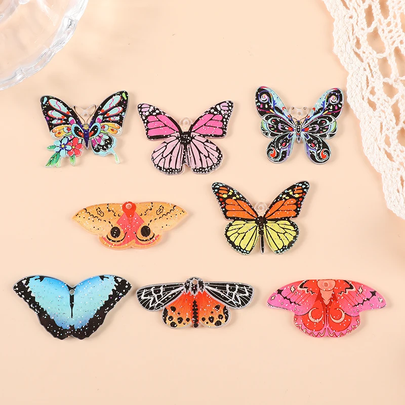 8 Pcs Fashion Multicolor Butterfly Charms Acrylic Moth Pendant Colorful Jewlery Findings For Earring Necklace Diy