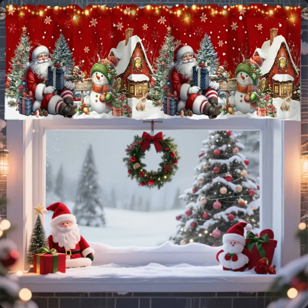 1PC Christmas Winter Valance, Santa Snowman House, Digital Print, Kitchen Dining Room Window, Rod Pocket Polyester, Home Decor