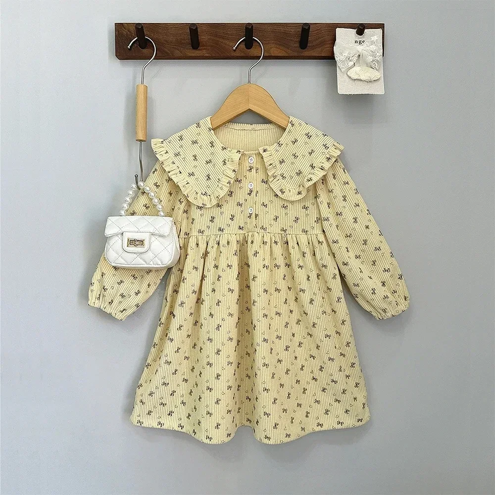 Girl 3-7 Years Old Casual Clothes Yellow Cute Sweet Doll Collar Floral Long Sleeved Princess Dress Autumn New Style