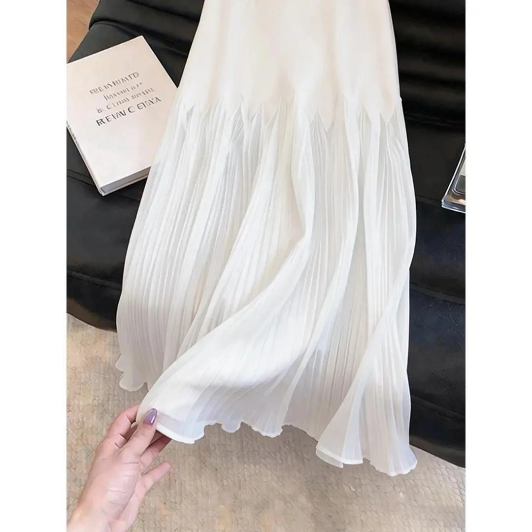 White Gauze Half Skirt Women's Spring New Style Elegant High Waist Drapey Chiffon Pleated Skirt Fashionable And Beautiful