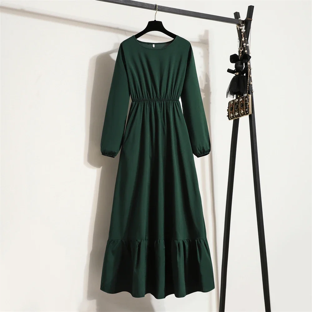 Spring Autumn Fashion Female Vestidos Solid Full Sleeve A-line O-neck Casual Chiffon Dress Women Muslim Long Dress Maxi Dresses