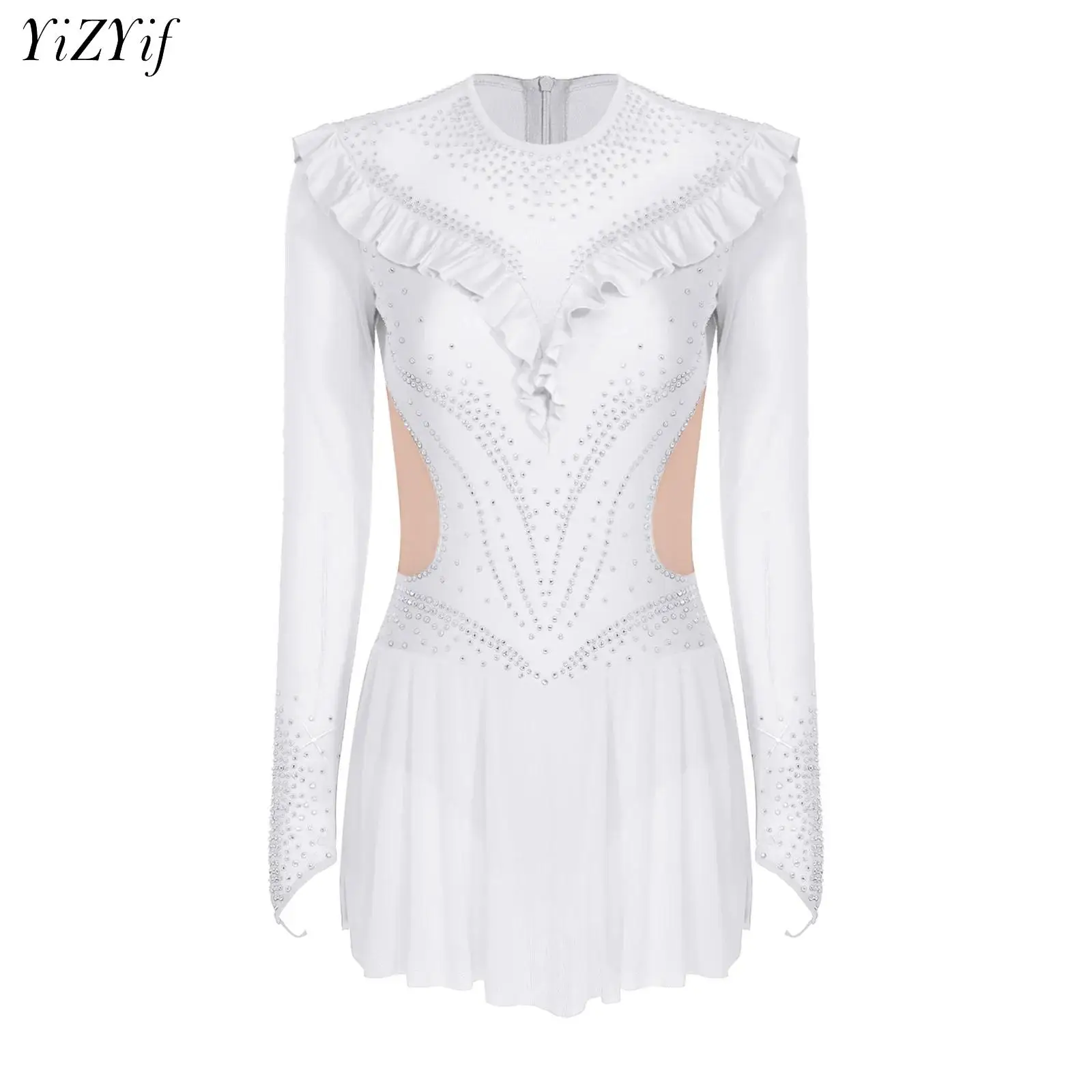 

Женское платье для фигурного катания с блестящими стразами, сетчатое, с длинным рукавом, для балета, латиноамериканских танцев, художественной гимнастики, современного танца