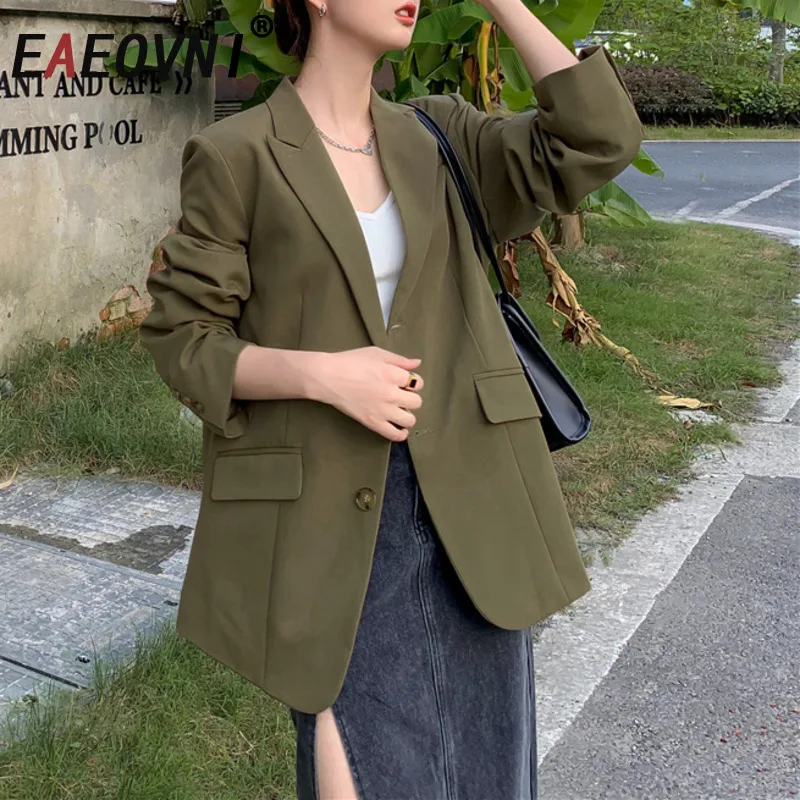 

EAEOVNI Green Vintage Blazer Coat Women 2025 Autumn Winter New Notched Collar Long Sleeve Jacket Fashion Solid Color Clothing