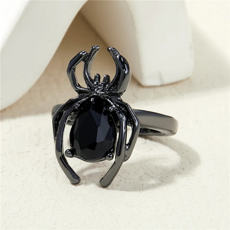 Gothic Punk Unregelmäßige Spinne Öffnung Ring Frauen Männer Mode Zirkon Schwarz Kristall Dark Tier Ring Hip Hop Party Finger Schmuck – Detail 9
