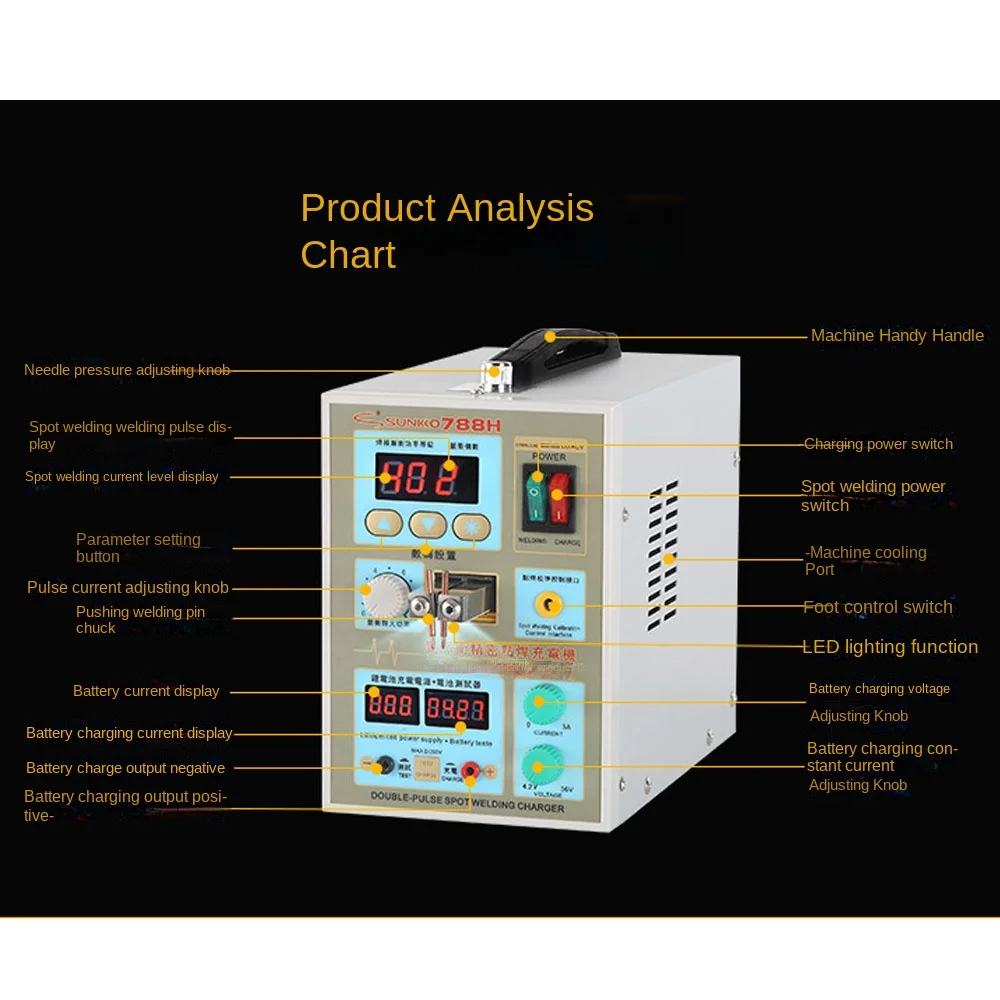 SUNKKO 788H Pulse Spot Welding Machine 1.5kw Spot Welder LED light Lithium Battery Test for 18650 Battery Pack Weld 110V/220V