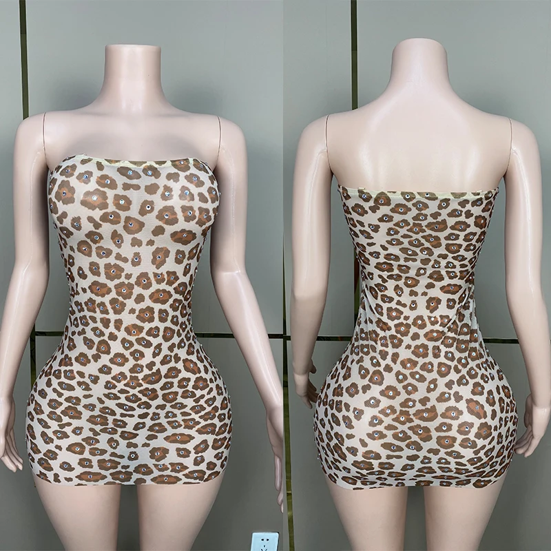 

Sleeveless Leopard Dress Women Gogo Dance Clothing Rhinestones Drag Queen Show Costume Singer Dancer Stage Dresses