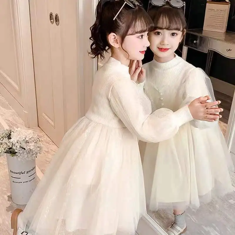 2025 الخريف المراهقين الفتيات القماش الأبيض طويلة الأكمام حفلة شبكة محبوكة الدانتيل الطبقات الربط فستان الأميرة الأطفال 4 10 12 سنة