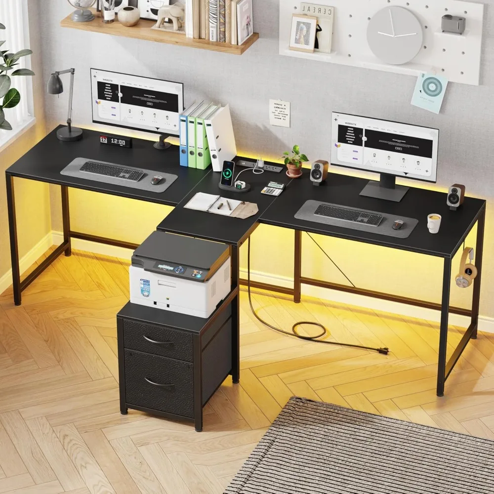 

T-Shaped 2 Person Desk with Power Outlet, Long Two Person Gaming Table with LED & Fabric Drawers, 81.2'' Computer Desks with Fil