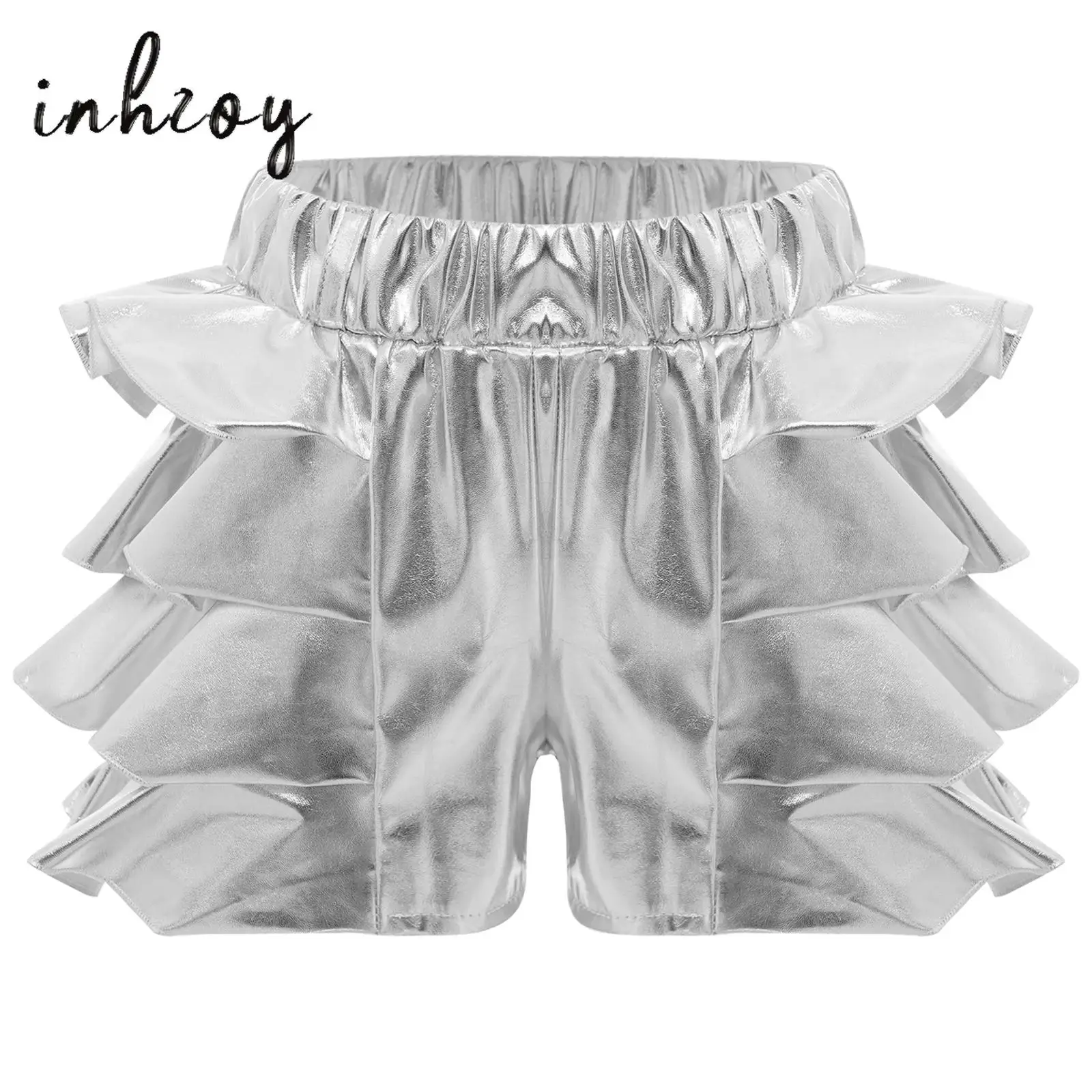 

Kids Girls Shorts Hip-Hop Jazz Ballet Dance Costume Elastic Waistband Metallic Shiny Tiered Ruffle Skirt Shorts Pants Streetwear