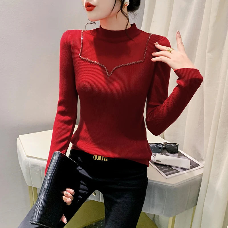 

2023 New Fall Winter European Clothes Knitted Sweater Chic Sexy Patchwork Shiny Beading Long Sleeve Pullover Casual Tops 39349