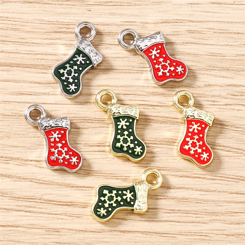 5 Stück 10x16mm Niedliche Emaille-Weihnachtsschneeflocken-Socken-Anhänger für die Herstellung von Ohrringen, Halsketten, DIY-Bastelarbeiten, Schmuckzubehör – Detail 4
