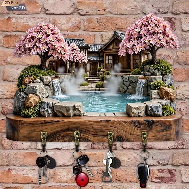 2D Flat.1pc. Japanese-style Cherry Blossom Courtyard Key Hook - Wooden Multifunctional Decorative Key Rack, with four metal
