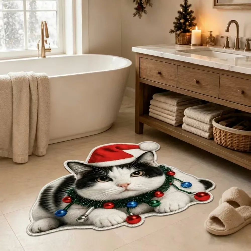 Cute Cat Pattern Christmas Cat Doormat Stain Resistant Easy To Clean Bathroom Floor Mat Non-Slip Soft Indoor Floor Rug