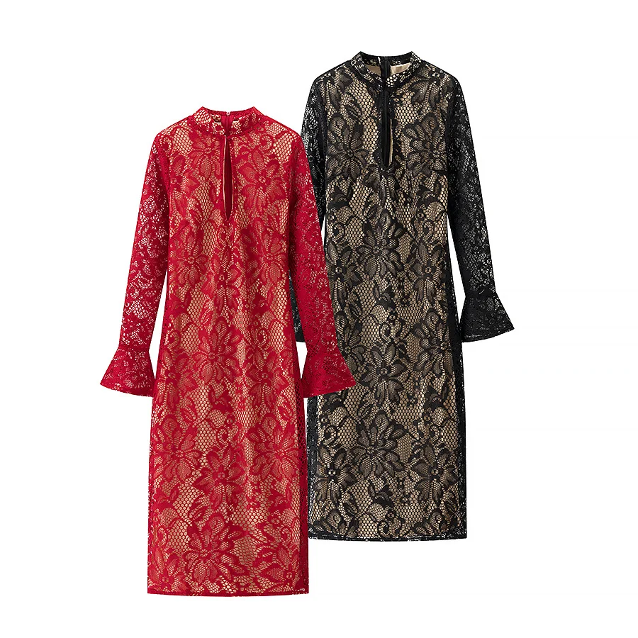 JNLEAOG レディース レース ホローアウト ローカット ベルスリーブ ボディコン ドレス 秋の新作 ファッションデザイン ヨーロッパ風