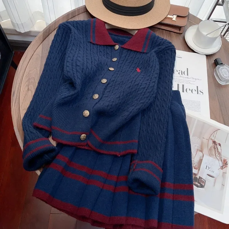 Autumn Winter Knitted Two Piece Sets Womens Outifits Office Lady Long Sleeve Knitted Cardigan Sweater + A-Line Mini Skirt Suit