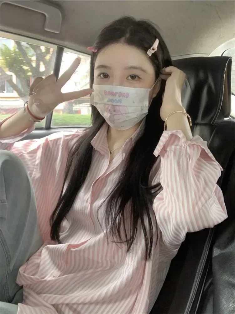 Sweet Striped Shirts Women College Street Sun-proof Summer Harajuku Baggy Casual Korean Style Aesthetic Turn Down Collar Blusas