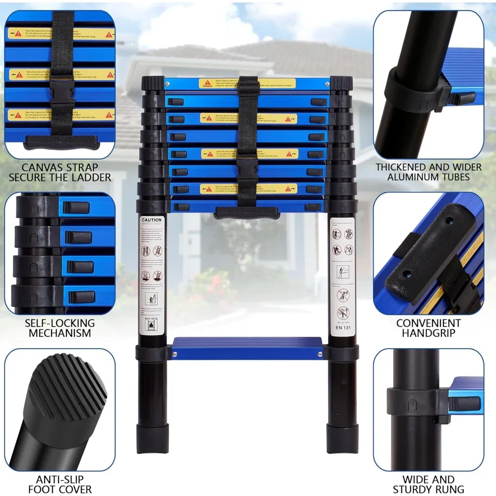 سلم تمديد خفيف الوزن من الألومنيوم بطول 8.5 قدم، خطوات دواسة واسعة، سعة 330 رطل، شديد التحمل، للاستخدام متعدد الأغراض