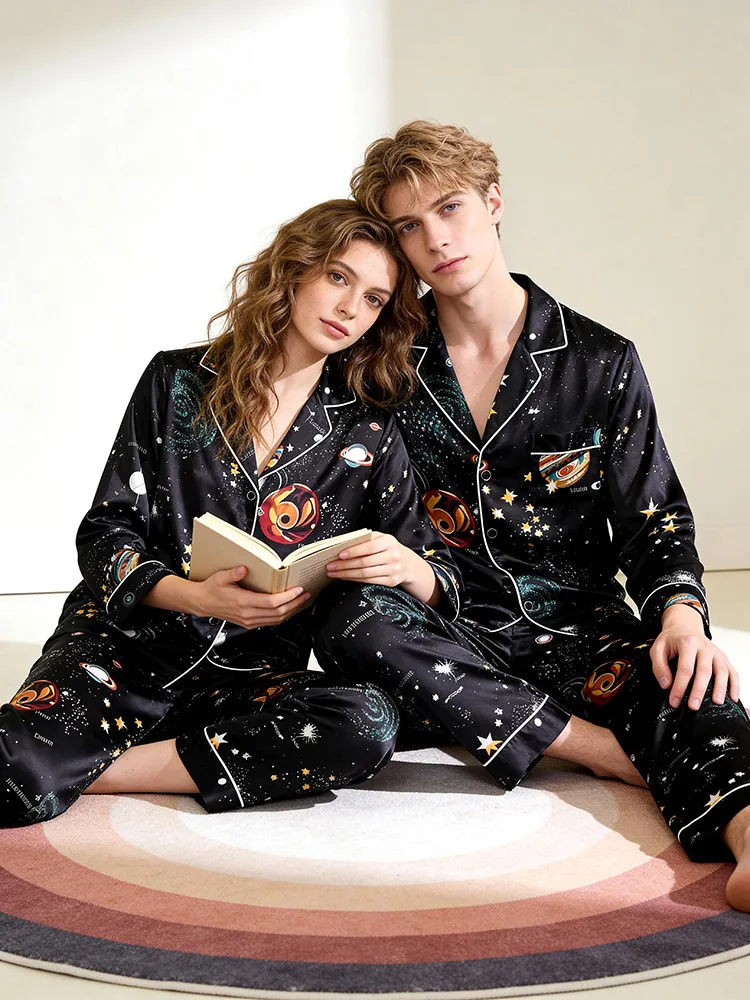 19 Momme 100% Mulberry Silk Printed Couple Sleepwear Long Sleeve Cardigan & Trousers Women Pajama Set Men Loungewear for Family