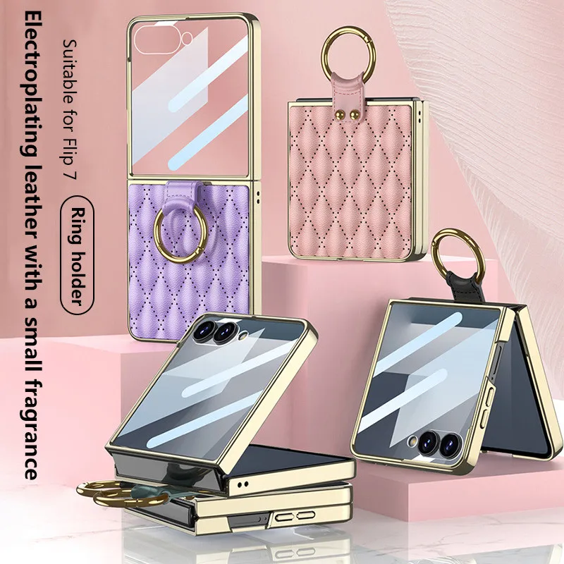 

Простой кожаный складной чехол для Samsung Z Flip 7 6 5 Flip7 с кольцевой подставкой, универсальный защитный чехол с закаленной пленкой