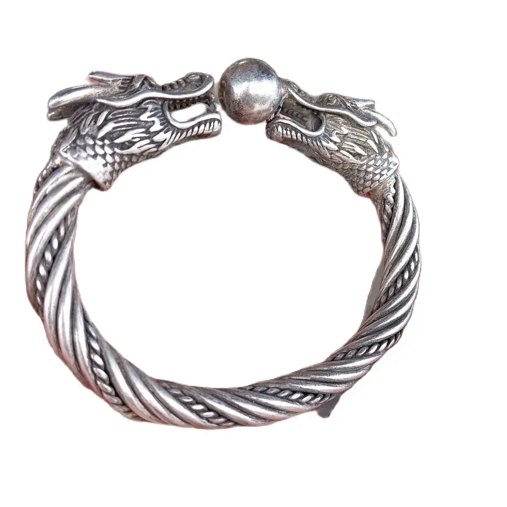 

Excellent Energy Tibetan Silver Bangle Bracelets Mascot Lucky Dragon Head Symbol Gem Bless Wrist Ornament