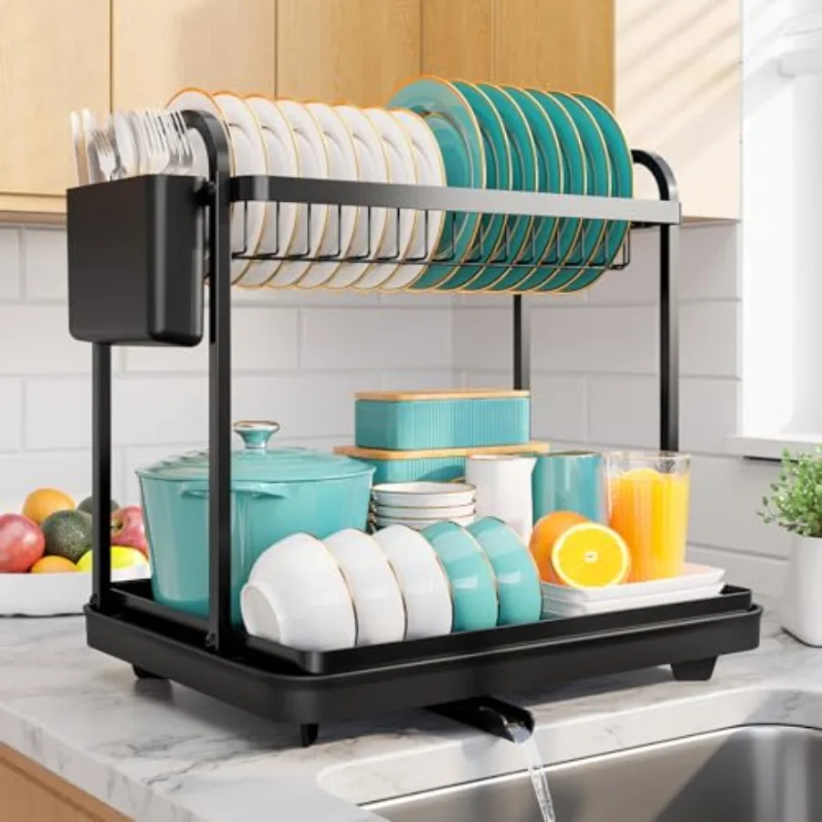 

2-Tier Dish Drying Rack - Stainless Steel Dish Rack with Cutlery and Utensil Holders for Kitchen Counter, Sink Organization and