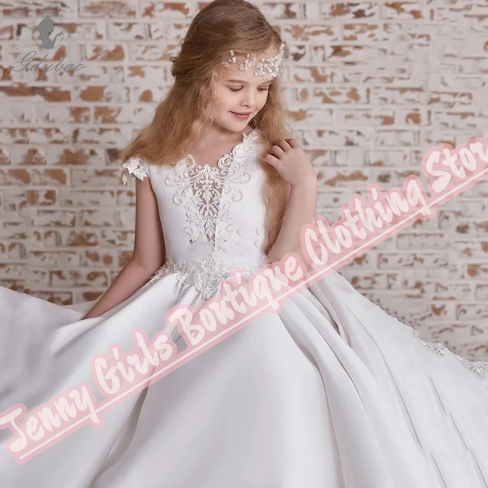 フォーマルプリンセスレッドサテン生地初聖体拝領ドレスレースアップリケフラワーガールドレス半袖結婚式誕生日