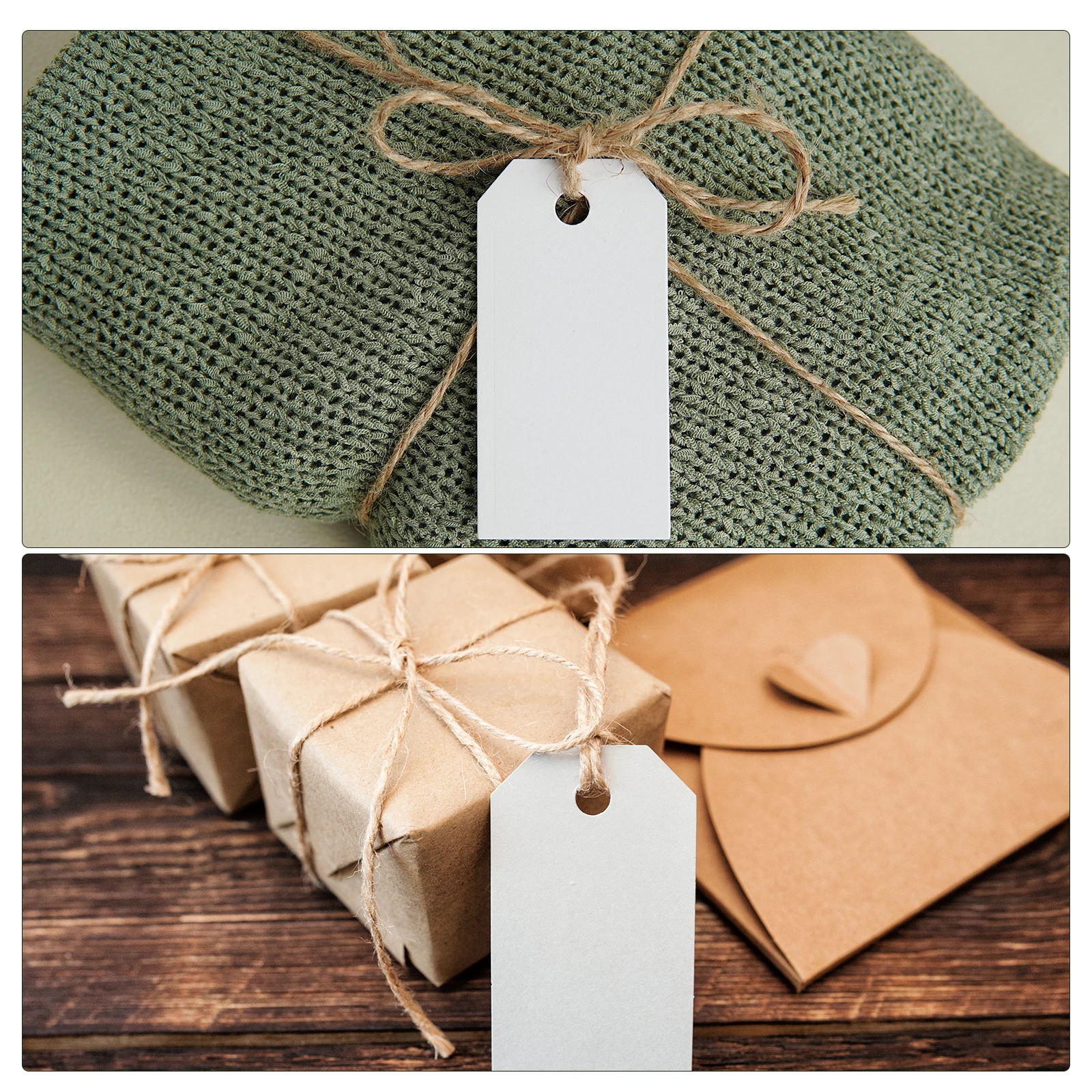 Uxcell รูปสี่เหลี่ยมผืนผ้ากระดาษ Blank Hang Tags สำหรับของขวัญกับเกลียวเชือกสีกากี,สีขาว50X30มม.ยาว65.6ฟุตแพ็ค200