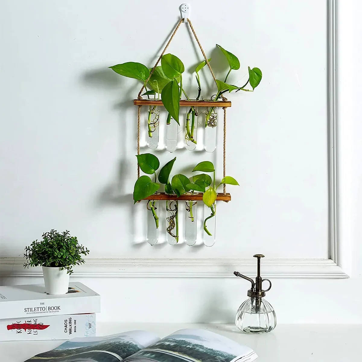 Wall Hanging Glass Planter Plant Propagation Tubes with Wooden Flower Stand Vase Home Garden Office Hydroponic Decor
