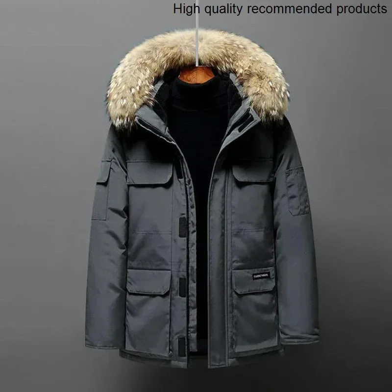 Collar White Duck Down Fur Winter Jacket Men Windproof Hooded Thicken Multi-pocket Down Coat Male Keep Warm -30 Degree Parkas