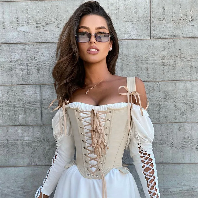 Medieval Renaissance Corset Tops Vintage Bustier Crop Tops Lace-up Ren Faire Corset Black White Bodice Tanks Camisole For Women