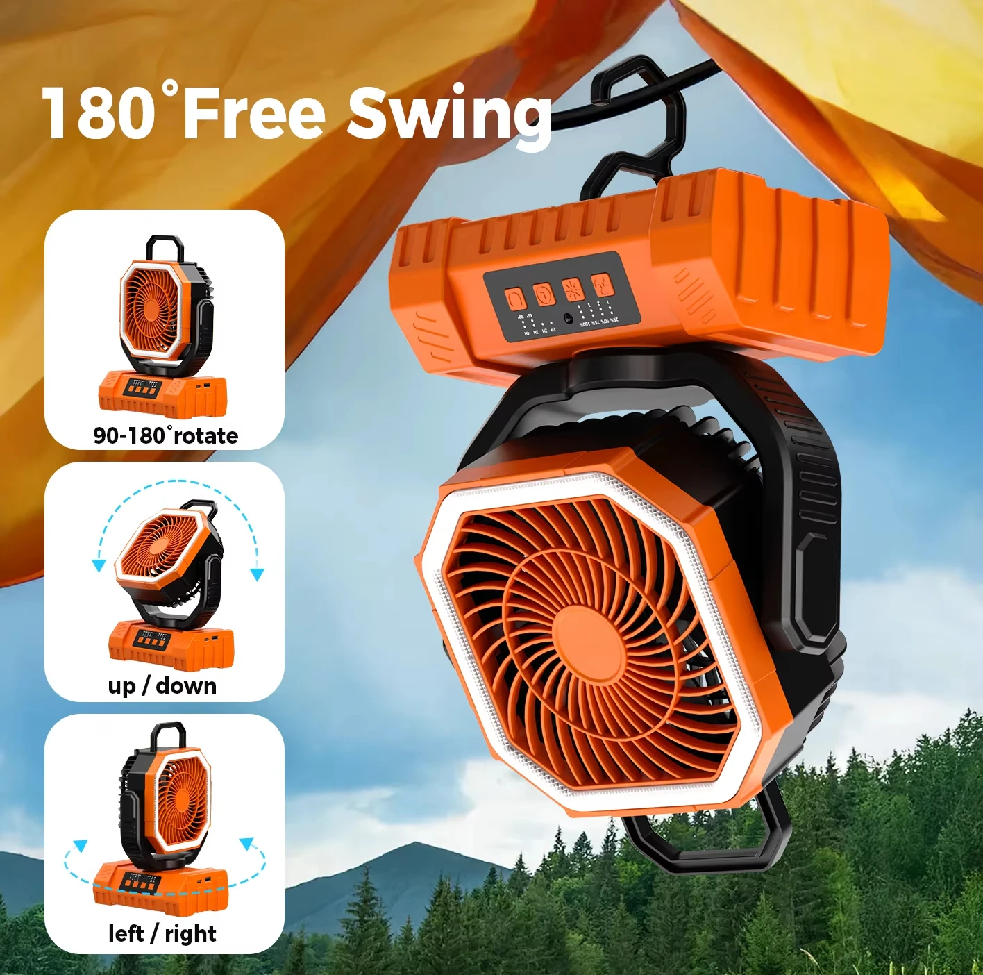 XIAOTREE 20000mAh Battery Operated Fan Portable Rechargeable Desk/Camping Fan with LED Light and Hook Outdoor Fan for Tent Car