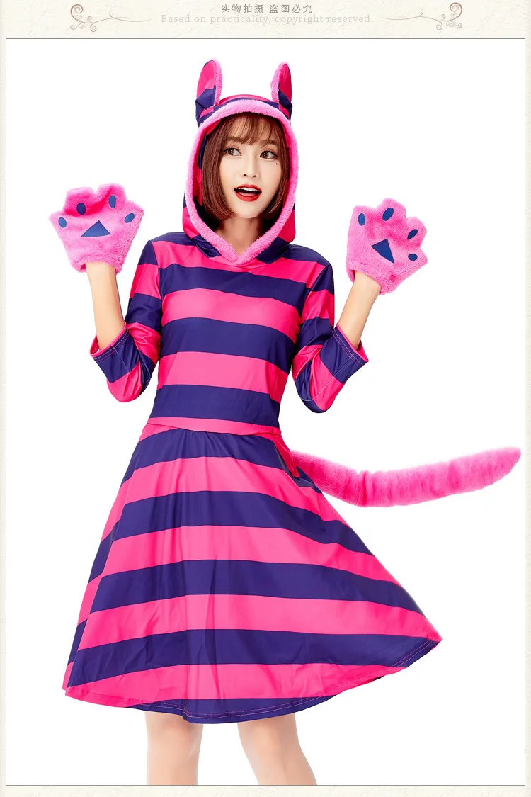 

Anime Cosplay Costume Cheshire Cat Dress for Adult Women Halloween Costumes Fancy Party Cute Hooded Dresses Purple Rose