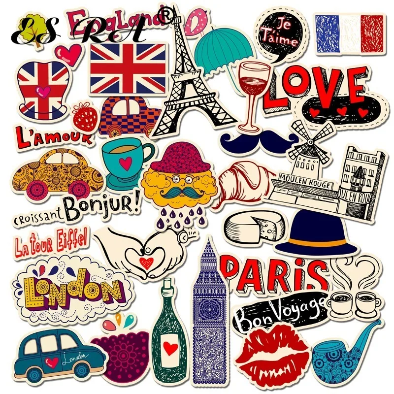 36Pcs/Sets France UK London Style Cute Cartoon Bottle Helmet Stickers Retro Pegatinas Waterproof Pvc Decorfor Skateboard Laptop