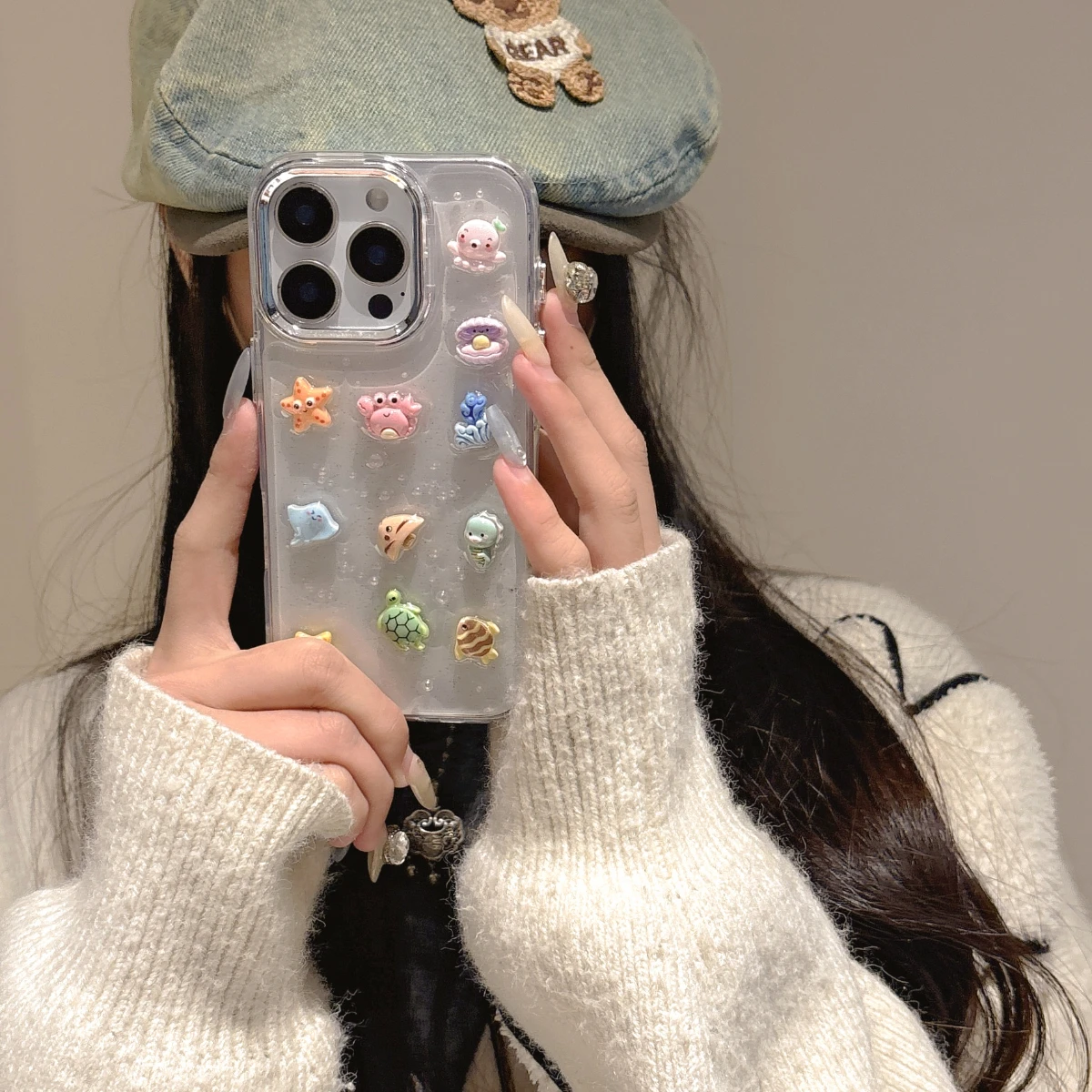 ثلاثية الأبعاد شفافة بلينغ بريق البحر البحرية الحيوان جراب هاتف آيفون 17 16 14 13 12 11 15 برو ماكس قطرة الغراء غطاء مقاوم للصدمات