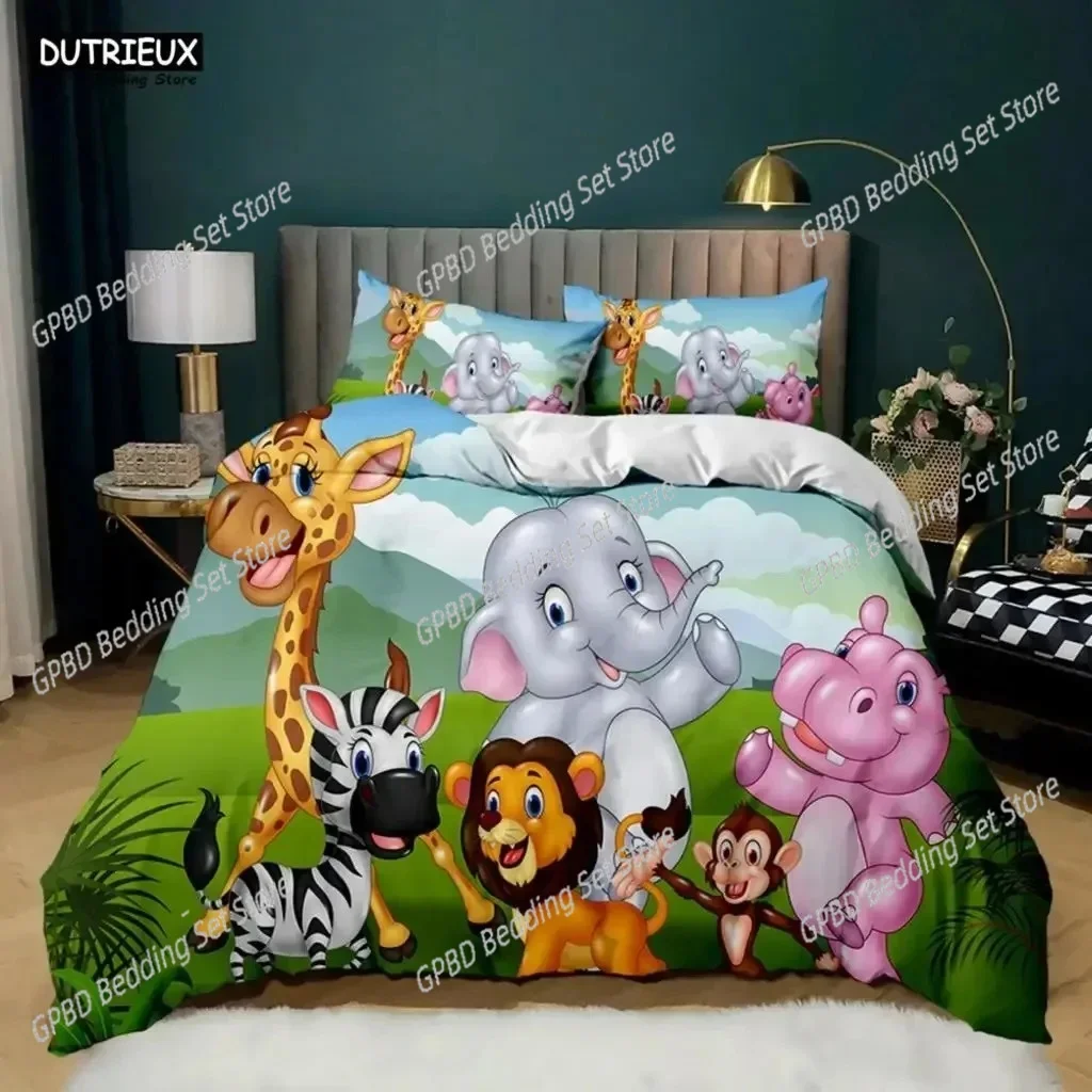 Elephant Comforter Cover Cute Cartoon Animal Paradise Bedding Set Boys Girls Kids 3D Animal World Queen Polyester Duvet Cover