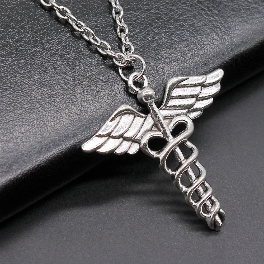 Vintage Antique Silver Plated 40x40mm Caduceus Medical Symbol Pendant Necklace For Women Men Long Chain Jewelry Accessories