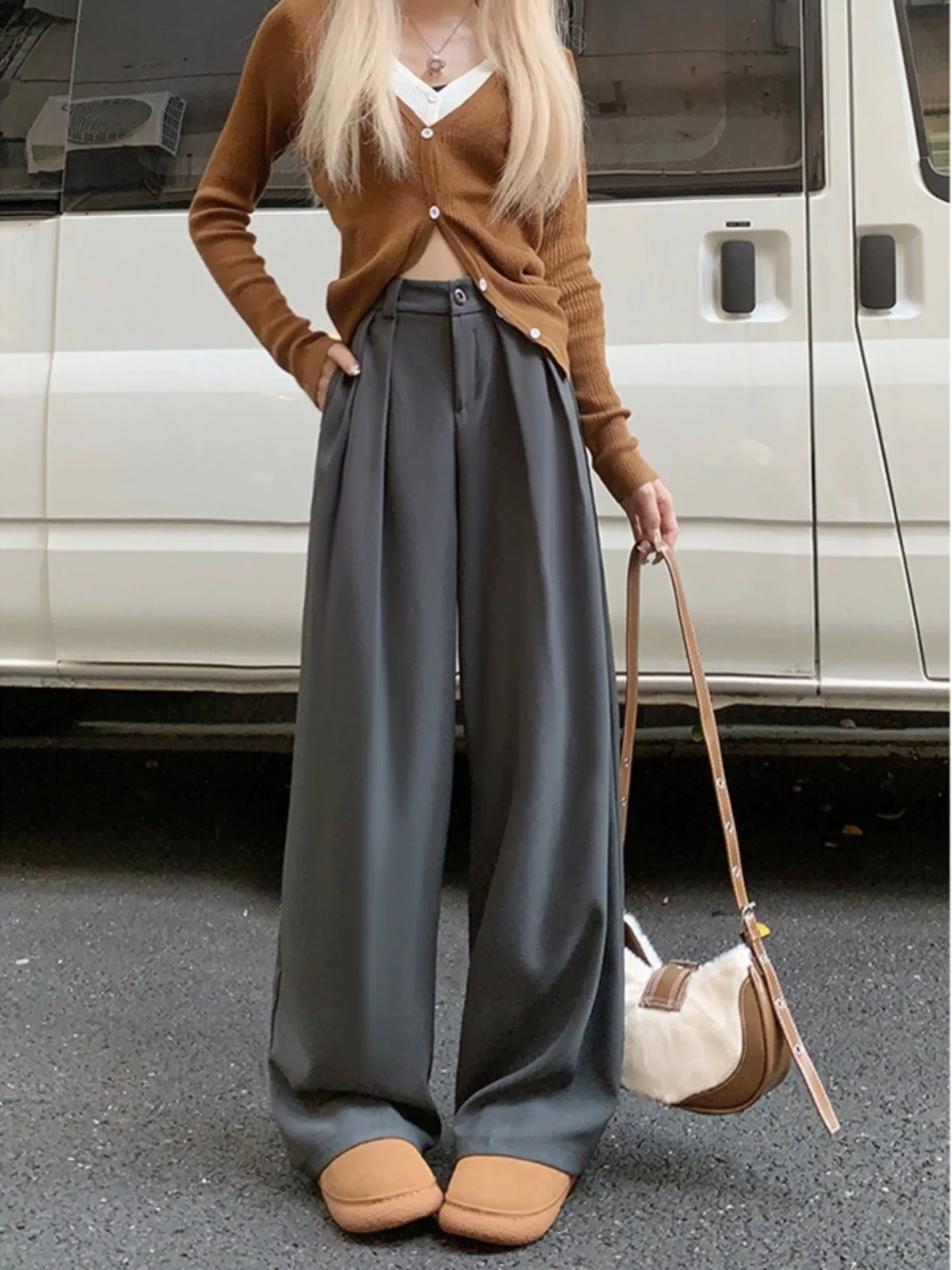 Office Suit Pants For Women In Autumn 2024, New High Waisted Slimming Coffee Colored Casual Wide Leg Pants