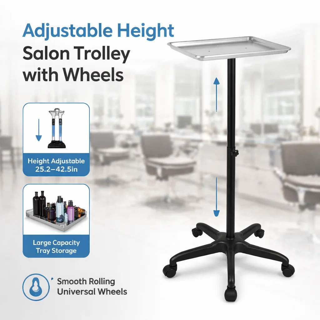 Carrello Regolabile per Salone, Carrello con Ruote in Alluminio per Parrucchieri, Supporto con Vassoio per Attrezzi da Barbiere e Salone di Bellezza