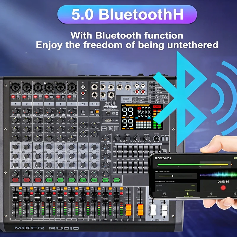 GAX-HLG Mixer Audio Amplifier Console Mixing Console Audio Mixer BT Wireless OTG Live Performance Conference 48V Power Supply