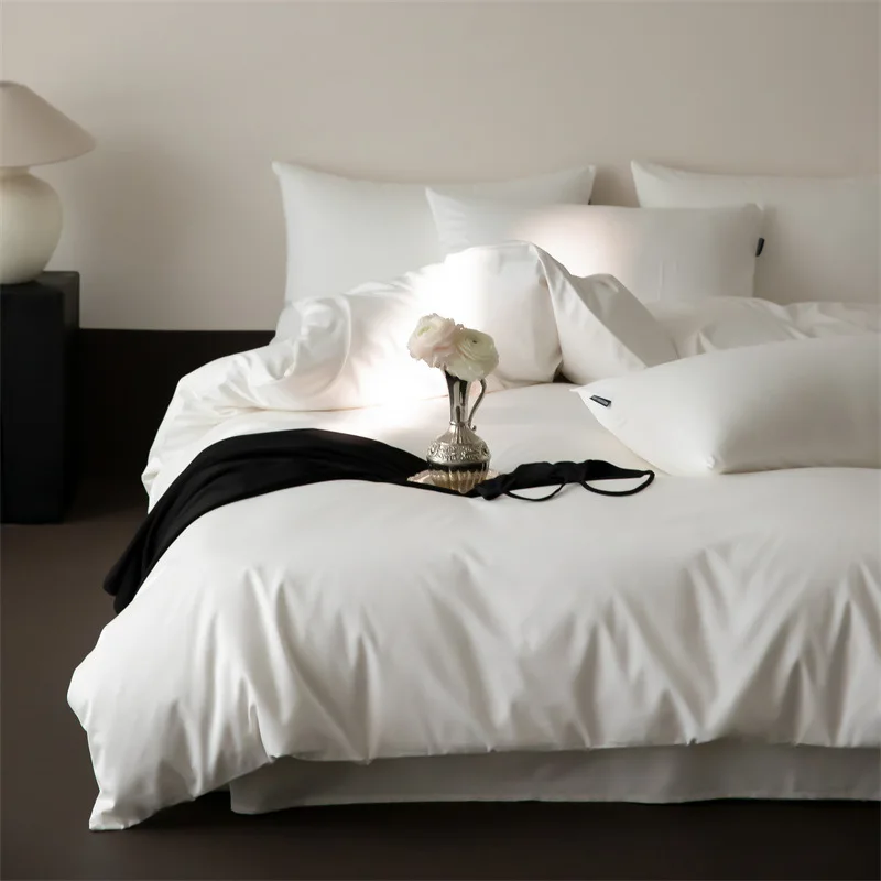 2026New Arrivals Egyptian Cotton Solid Color Bedding Set Ultra Soft Comfortable Duvet Cover Elastic Fitted Sheet Pillowcases