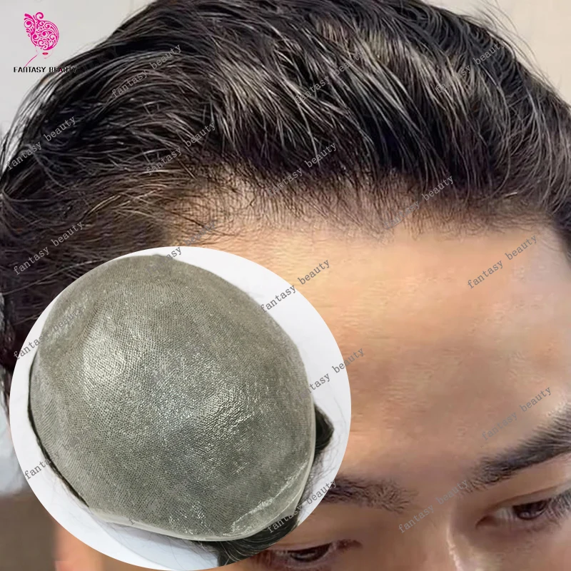 

80% плотность, супер натуральная линия волос, 0,02 мм, ультратонкая кожа, невидимый мужской парик, серый мужской коричневый, человеческие волосы, капиллярный протез