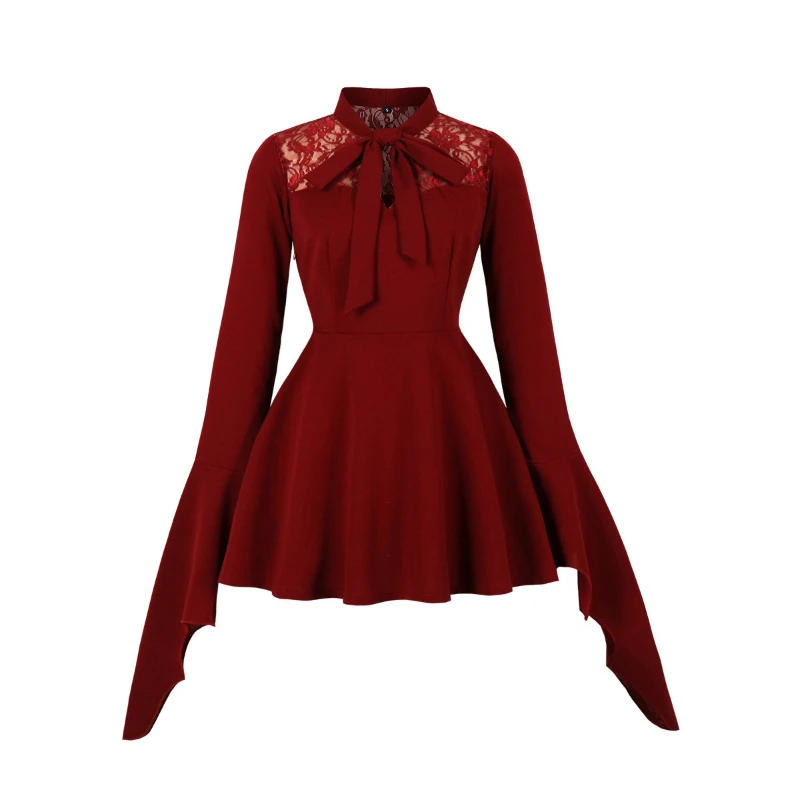 เดรสสั้นสไตล์วินเทจแบบผูกคอ แขนยาว แต่งลูกไม้ สำหรับงานปาร์ตี้ฮาโลวีน งานวันเกิด งานพรอม  รุ่นใหม่ปี 2025 แบบเฮปเบิร์น