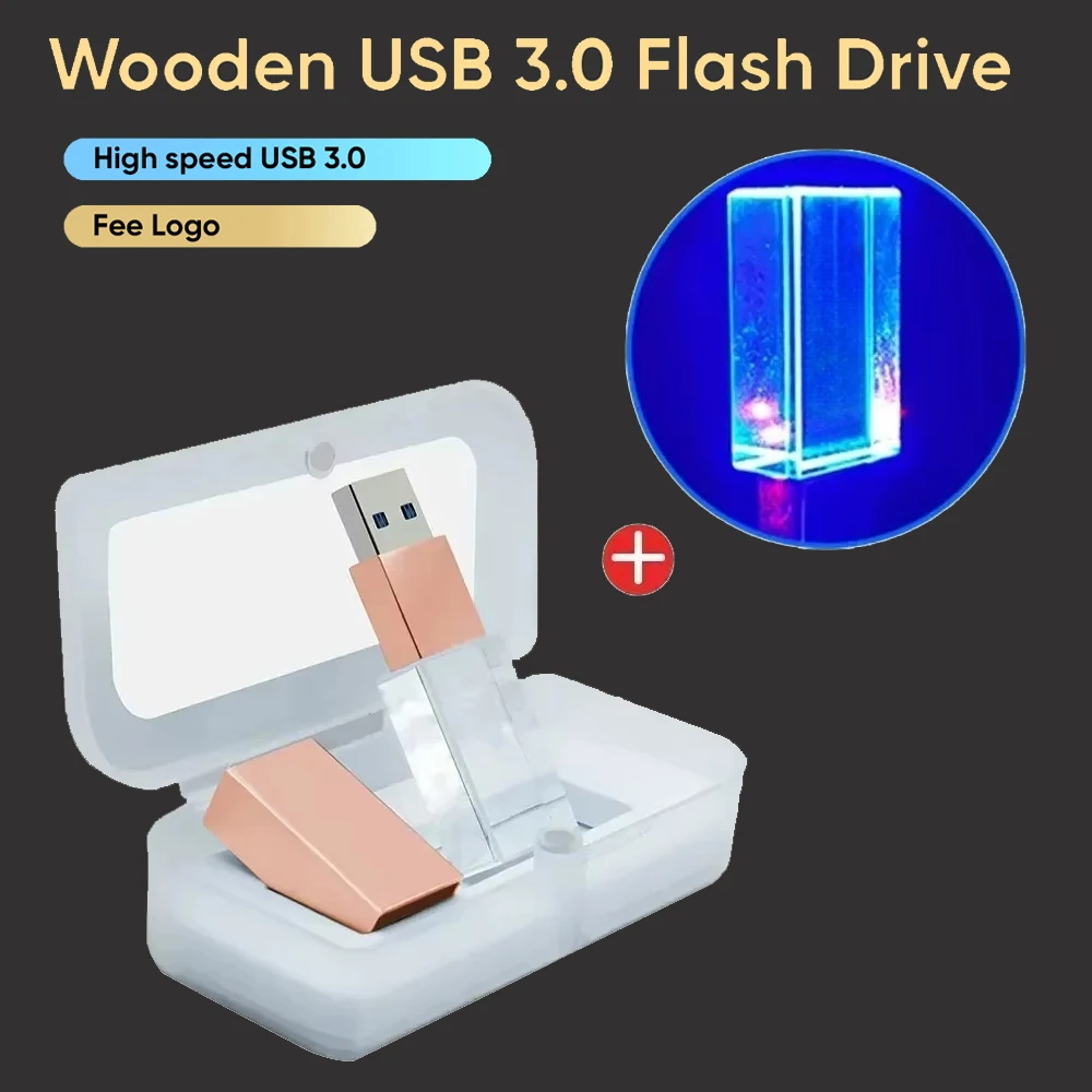 

LED Lamp Golden Crystal USB 3.0 Flash Drive 128GB Memory stick 64G 3D Laser Engraving Pen drive U disk Wedding Gifts Free logo