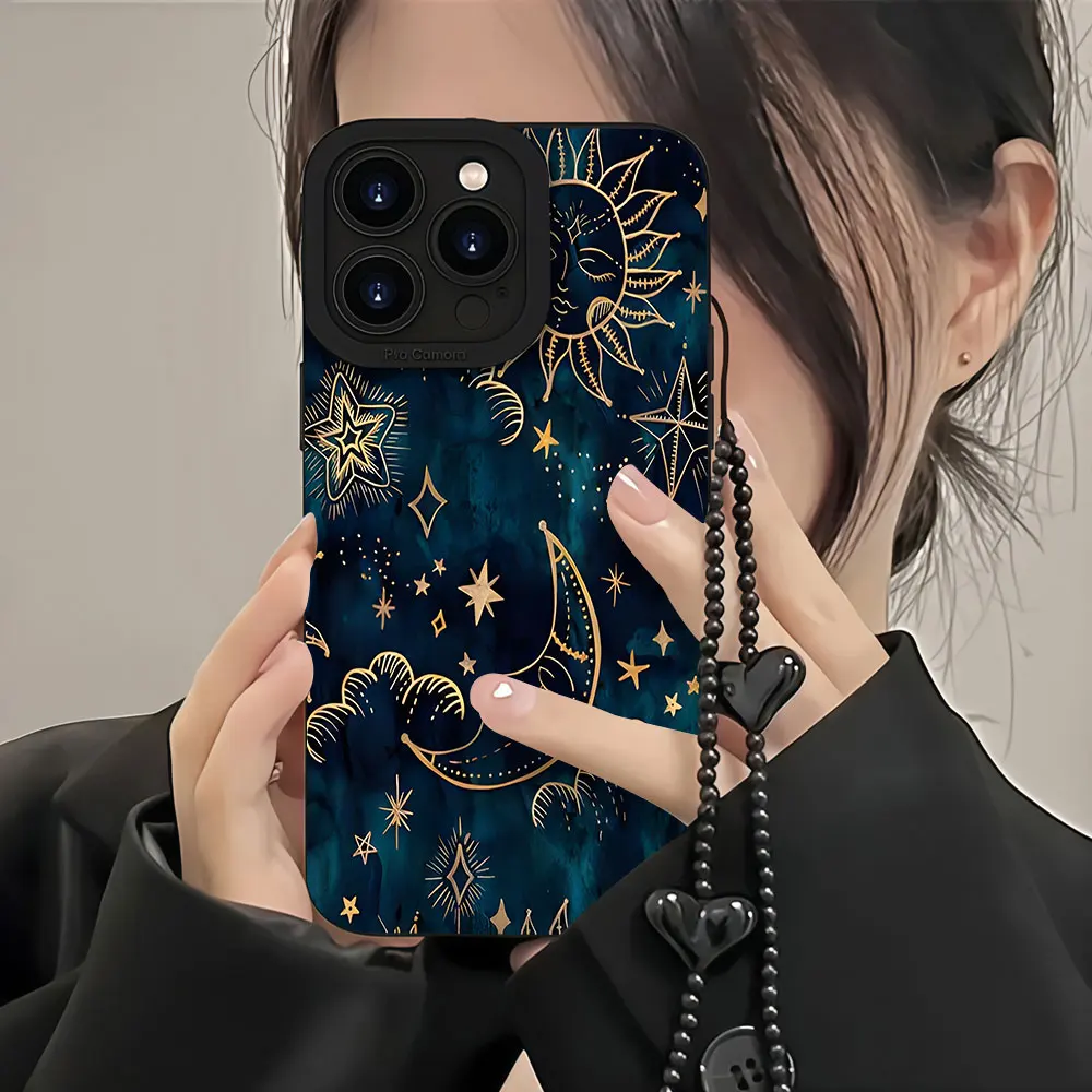 Luxury Sun Moon Star Phone Case For iPhone 17 16 15 14 13 12 11 Pro Max 8 15 16 14 Plus XS 16E TPU Anti-smudge With Strap Cover view 3